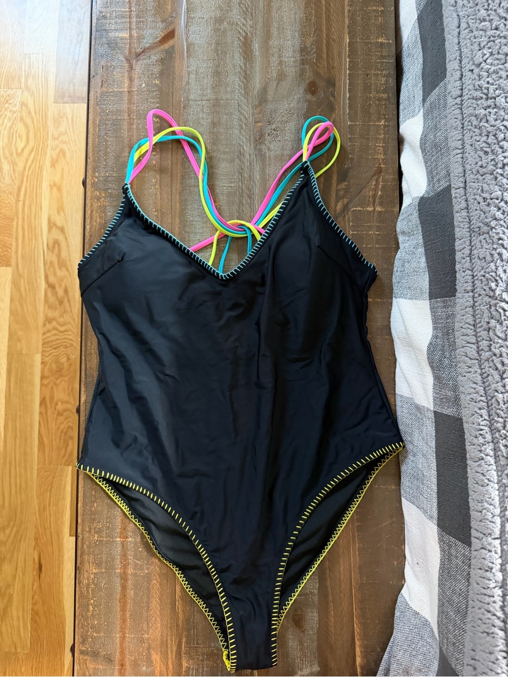 Popvil Black One-Piece Swimsuit with Neon Multi-Color Straps